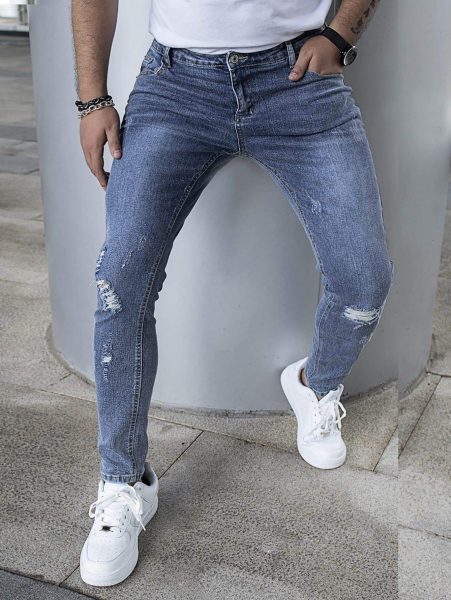 Blue Medium Wash Ripped Frayed Cat Scratch Skinny Jeans