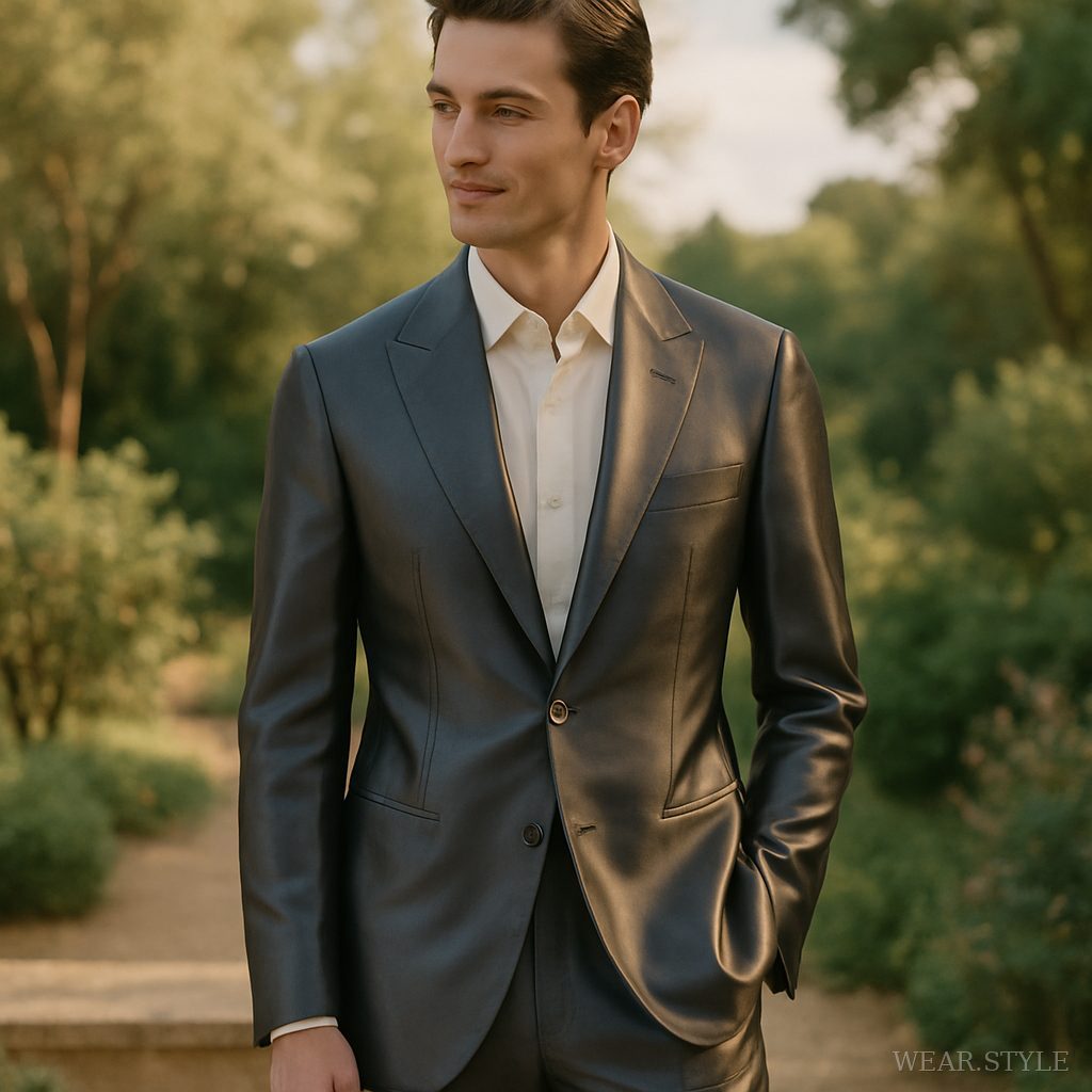 Male model in silk suit in a serene garden, representing modern Indian menswear.