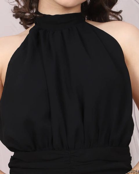 Halter Tie-Up Neck Backless Ruched Skater Dress