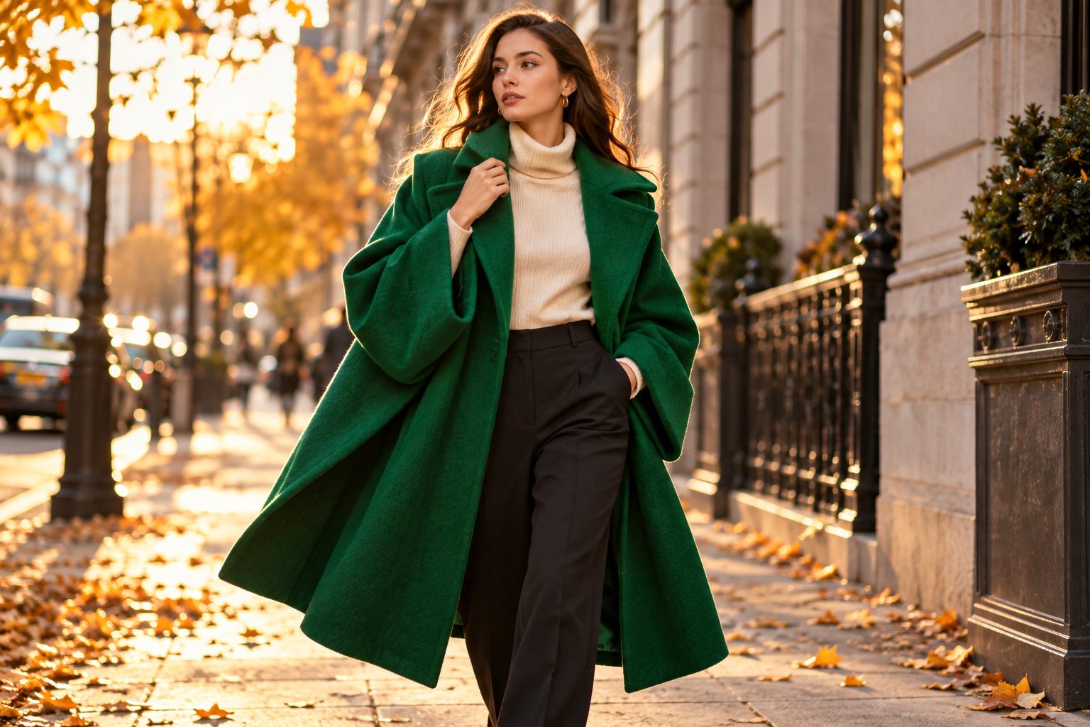 Model in emerald green oversized coat walking in an urban autumn setting.