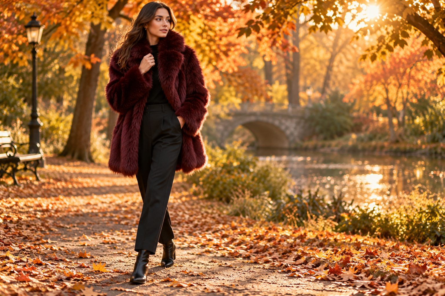 Model in burgundy faux fur coat walking in an autumn park at golden hour.