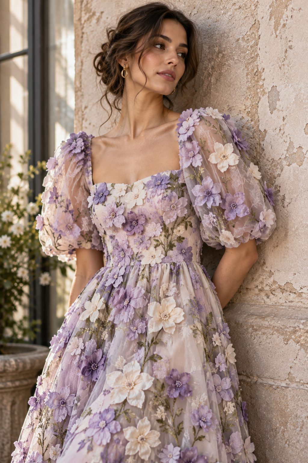 Close-up of woman in embroidered floral midi dress, thoughtful expression in soft window light
