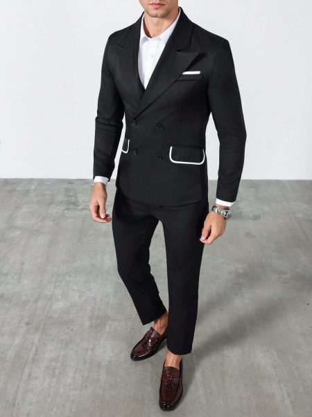 Black Front Button Contrast Piping Blazer with Trouser Suit Set