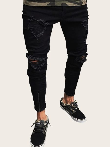Tapered Button Fly Zip Hem Ripped Skinny Jeans
