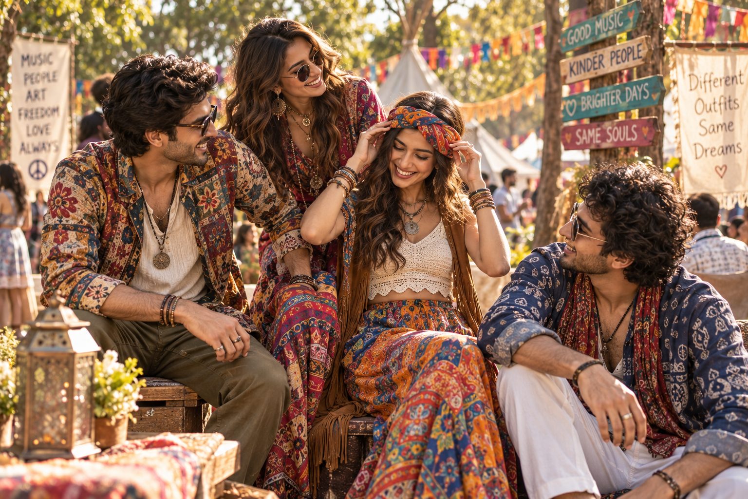 Group of friends in vibrant boho outfits enjoying a festival, captured in a candid moment.