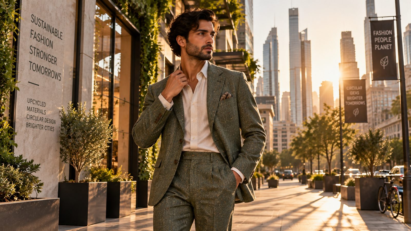 Male model in upcycled suit on an urban street.