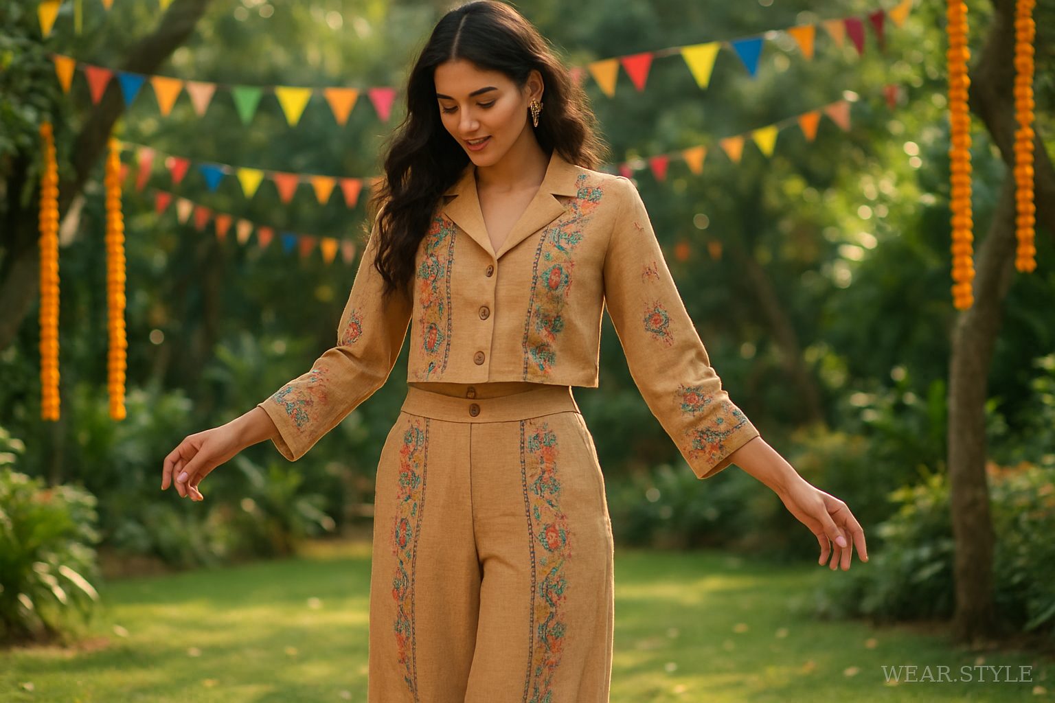 Indian woman in a festive co-ord set in a lush garden, celebrating comfort and style.