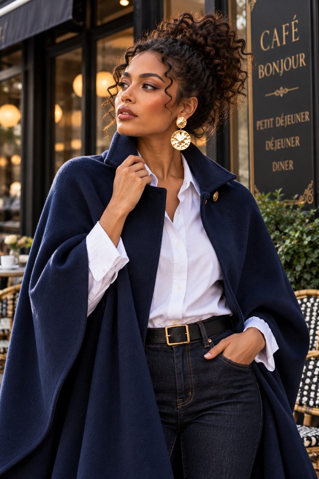 Close-up of a model in a navy cape outside a café.