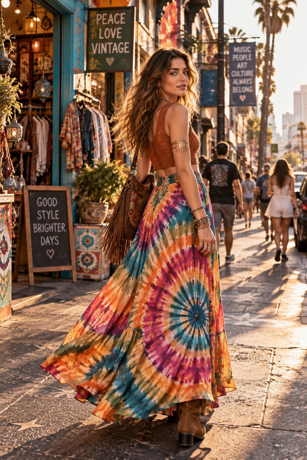 Model in a tie-dye maxi skirt and crop top on a bustling city street.