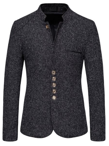 Black Stand Collar Marled Single Breasted Blazer