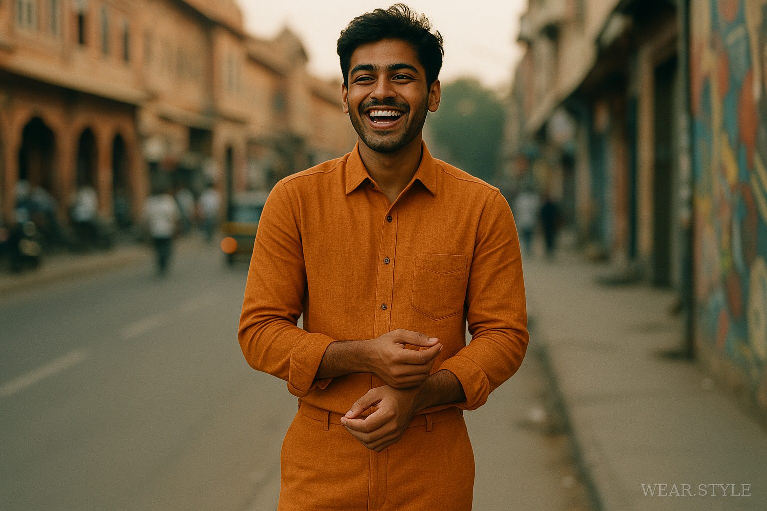 Young Indian man in saffron khadi shirt laughing on a vibrant city street at golden hour.