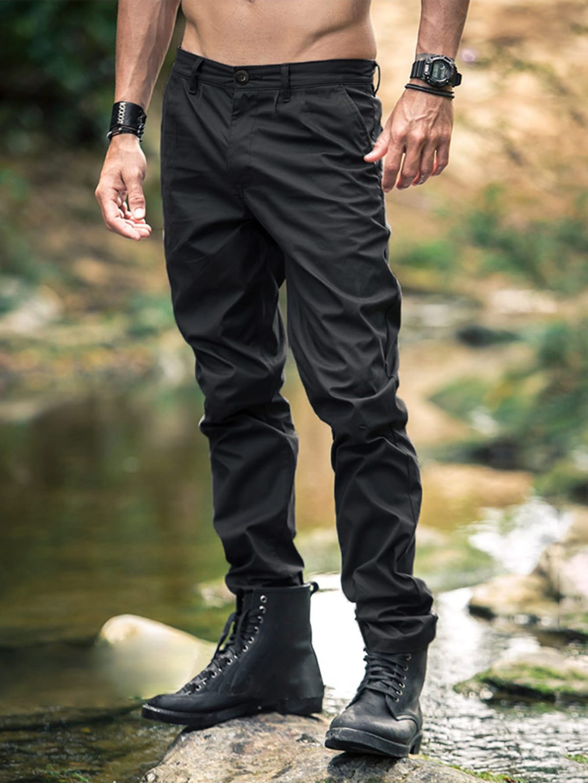 Black Straight Leg Zipper Fly Slant Pocket Trousers