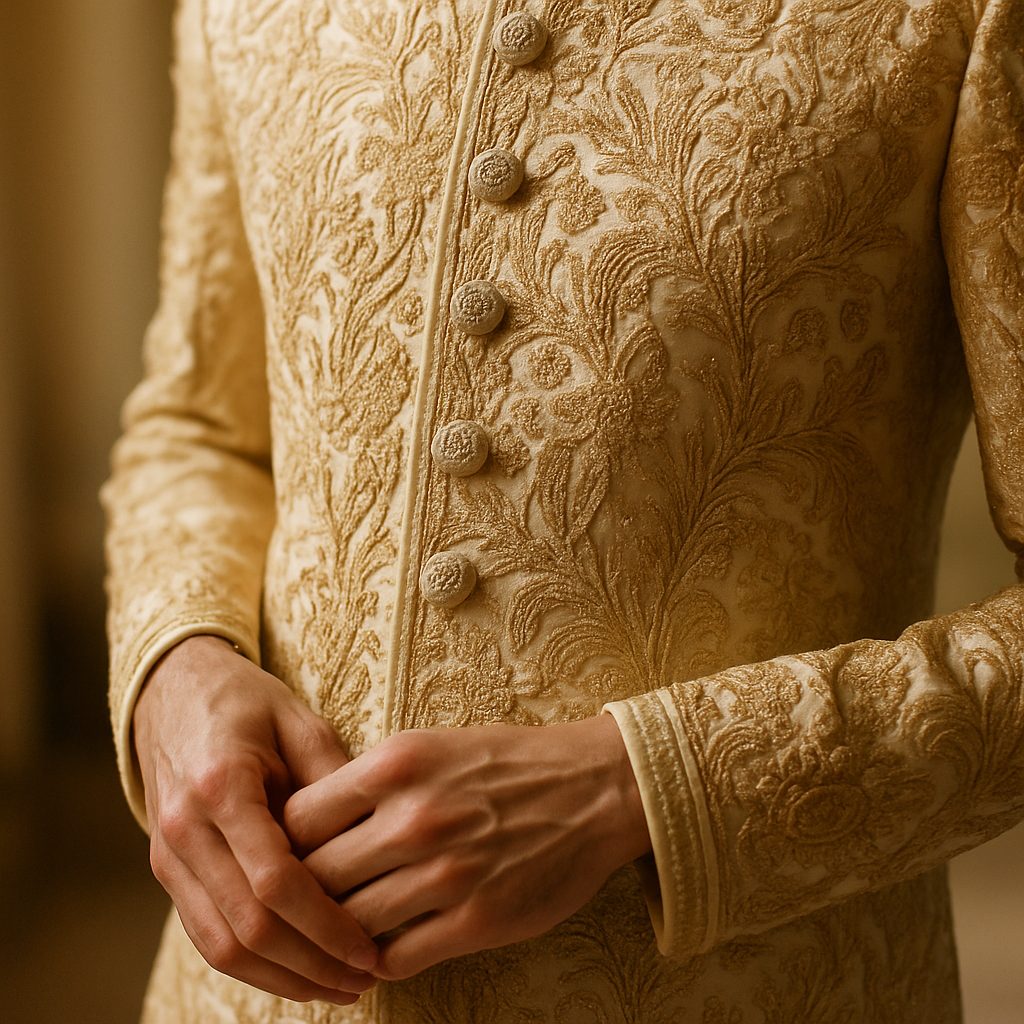 Close-up of Zardozi embroidery on a silk sherwani