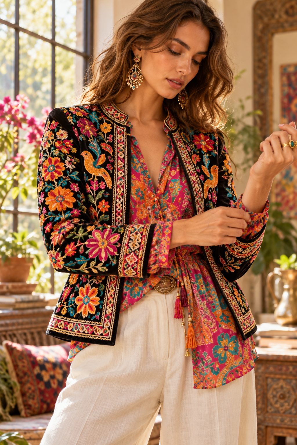 Diverse group of models in psychedelic boho fashion, vibrant urban setting, golden hour light.