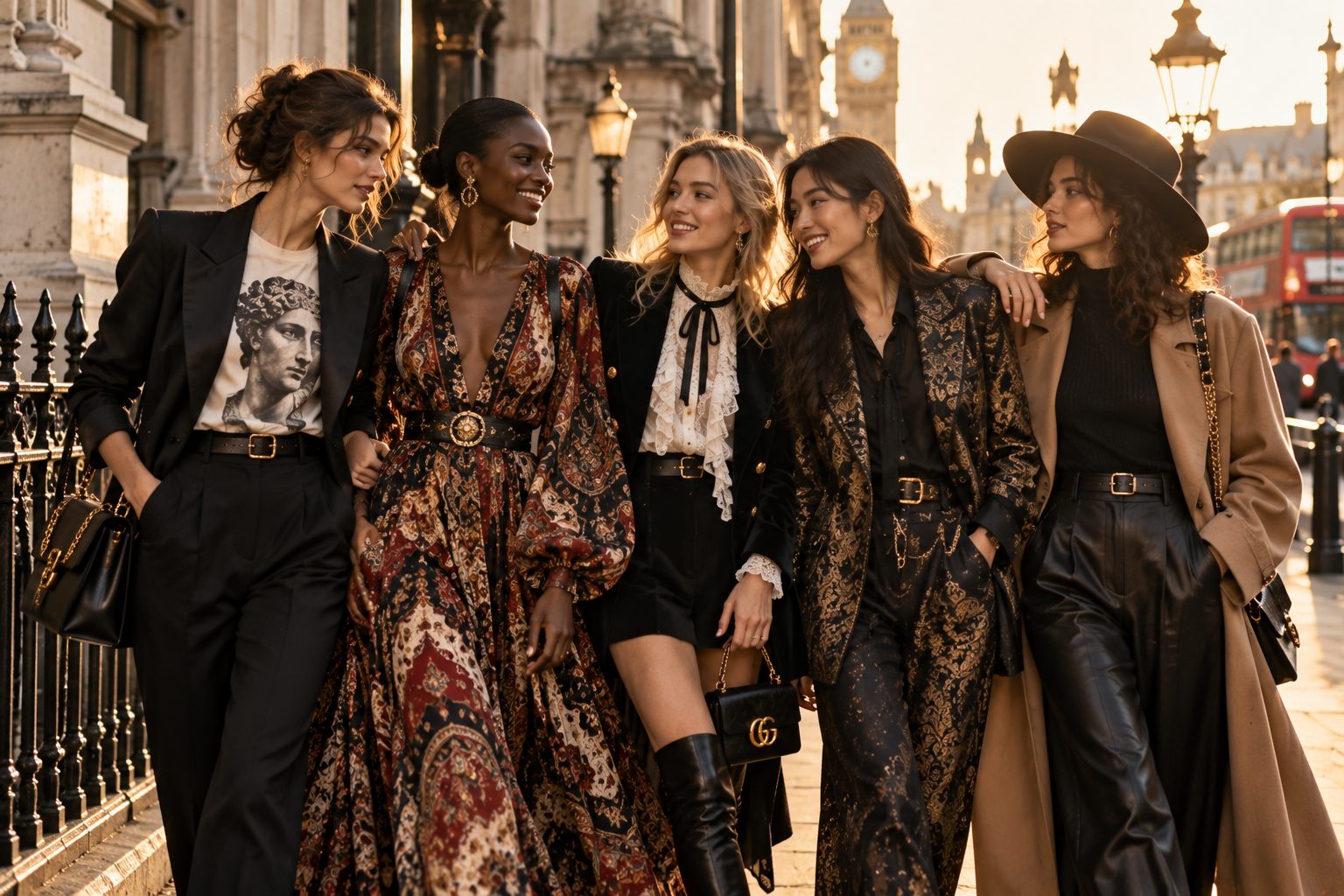 Diverse group of models in urban setting, blending elegance with street style.
