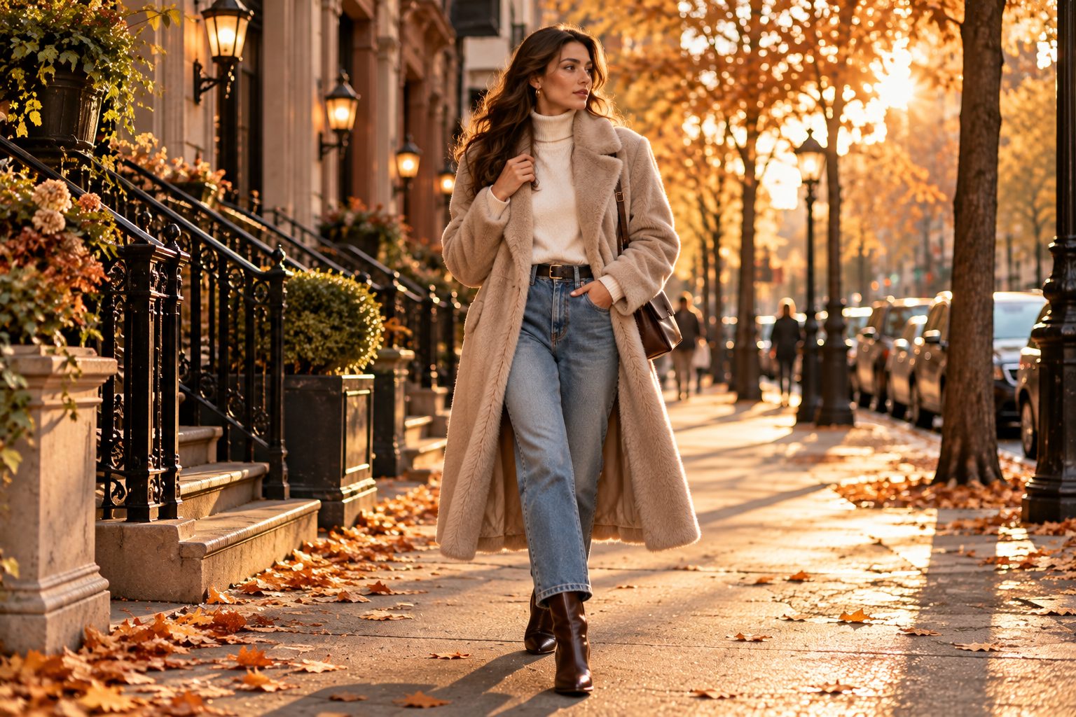 Model in faux fur coat walking in urban setting during golden hour.