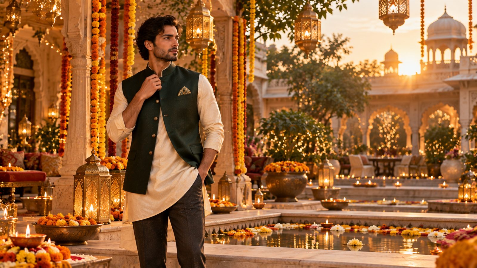 Male model in festive Nehru jacket amidst Diwali decorations, golden hour light.