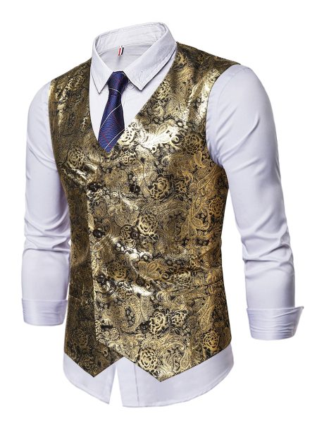 Gold Floral Paisley Print Double Breasted Waistcoat