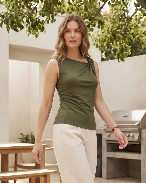 Women Sleeveless Asymmetric Neck Shoulder Knot Top