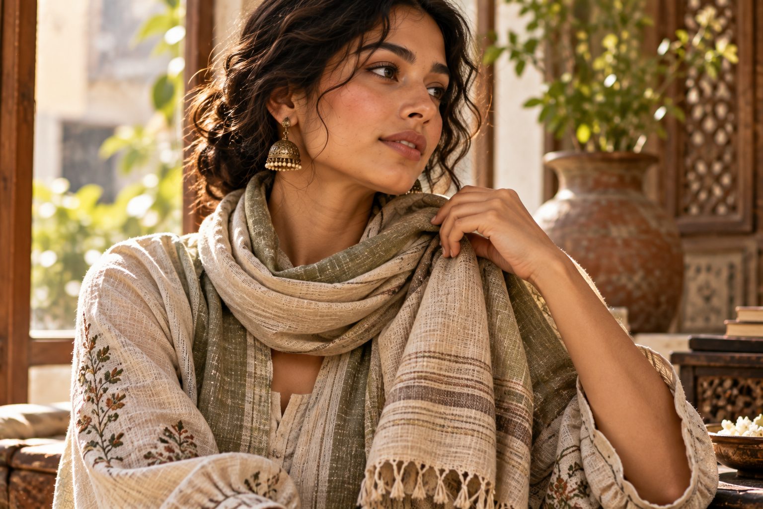 Close-up of a model adjusting a khadi scarf, highlighting the fabric's texture and cultural significance.