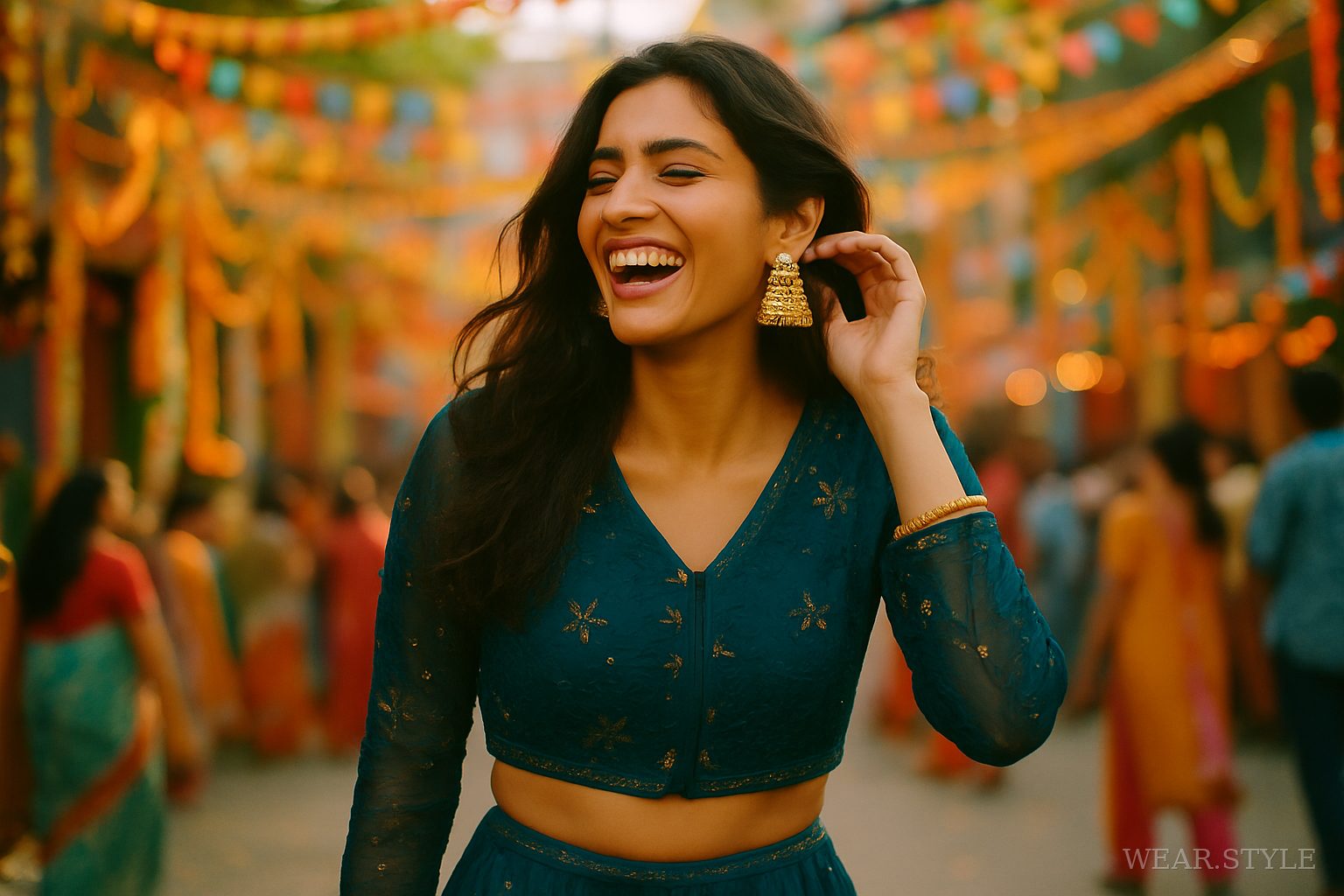 Joyful woman in jewel-toned co-ords celebrating in a festive street setting