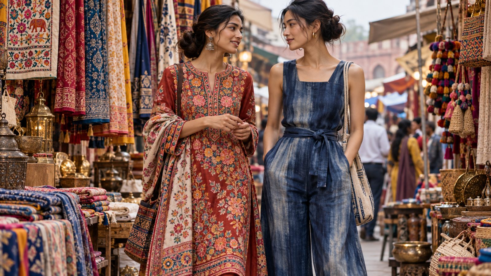 Models in embroidered kurta and tailored jumpsuit, conversing in a colorful street market.