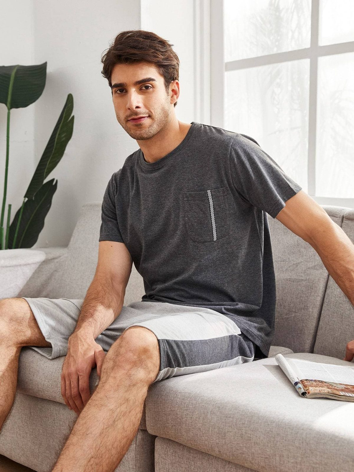 Green Round Neck Pocket Front Tee With Shorts Pyjama Sleepwear Set