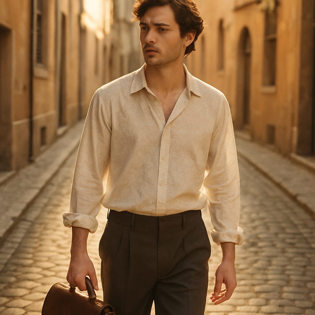 Male model in flowing shirt walking through cobblestone street, embodying the poetcore trend.