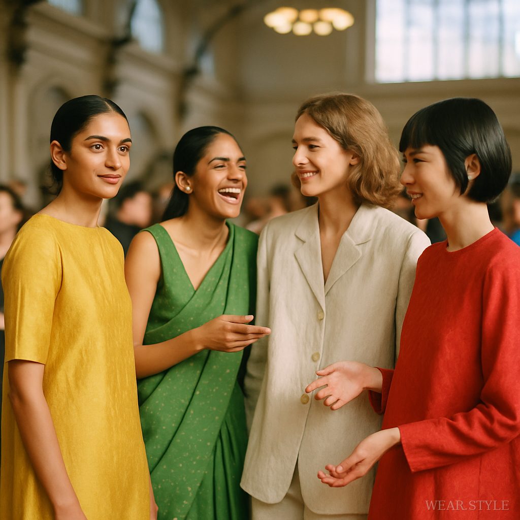 Group of models in Raw Mango designs at London Fashion Week, engaging and laughing.
