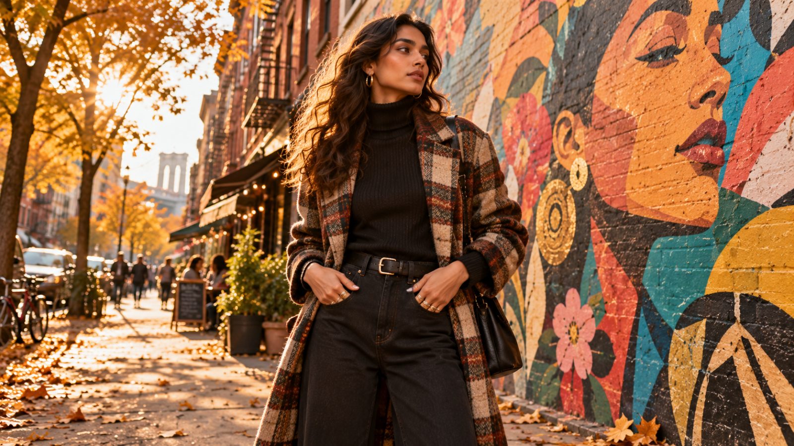 Model in front of mural showcasing autumn fashion and layered rings.