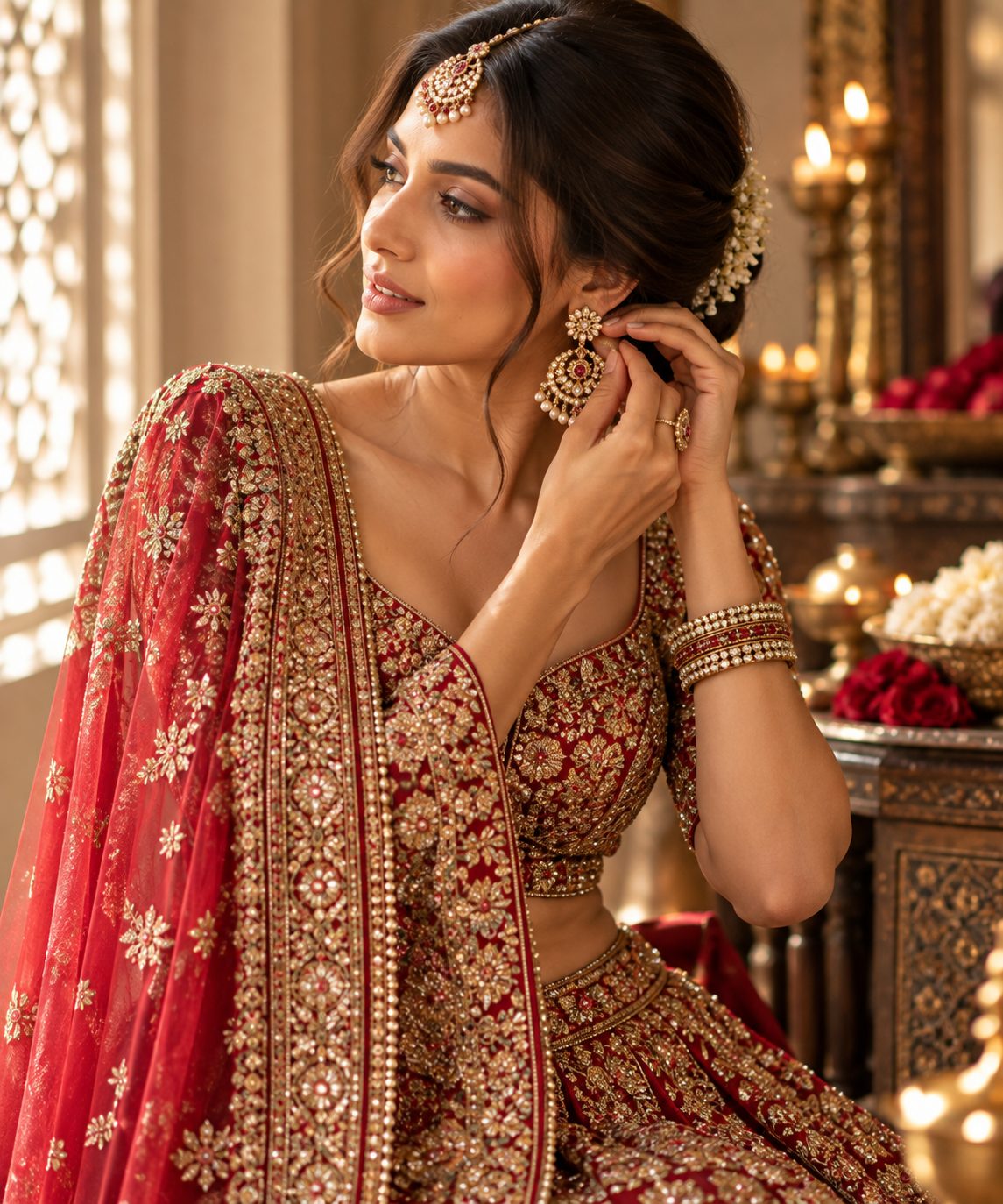 A female model in a gold and red bridal outfit adjusts her earrings.