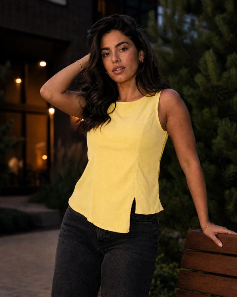 Women Sleeveless Panelled Slit Hem Textured Top