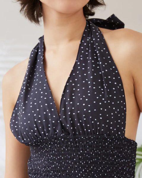 Tie-Up Halter Neck Polka-Dot Smocked Skater Dress