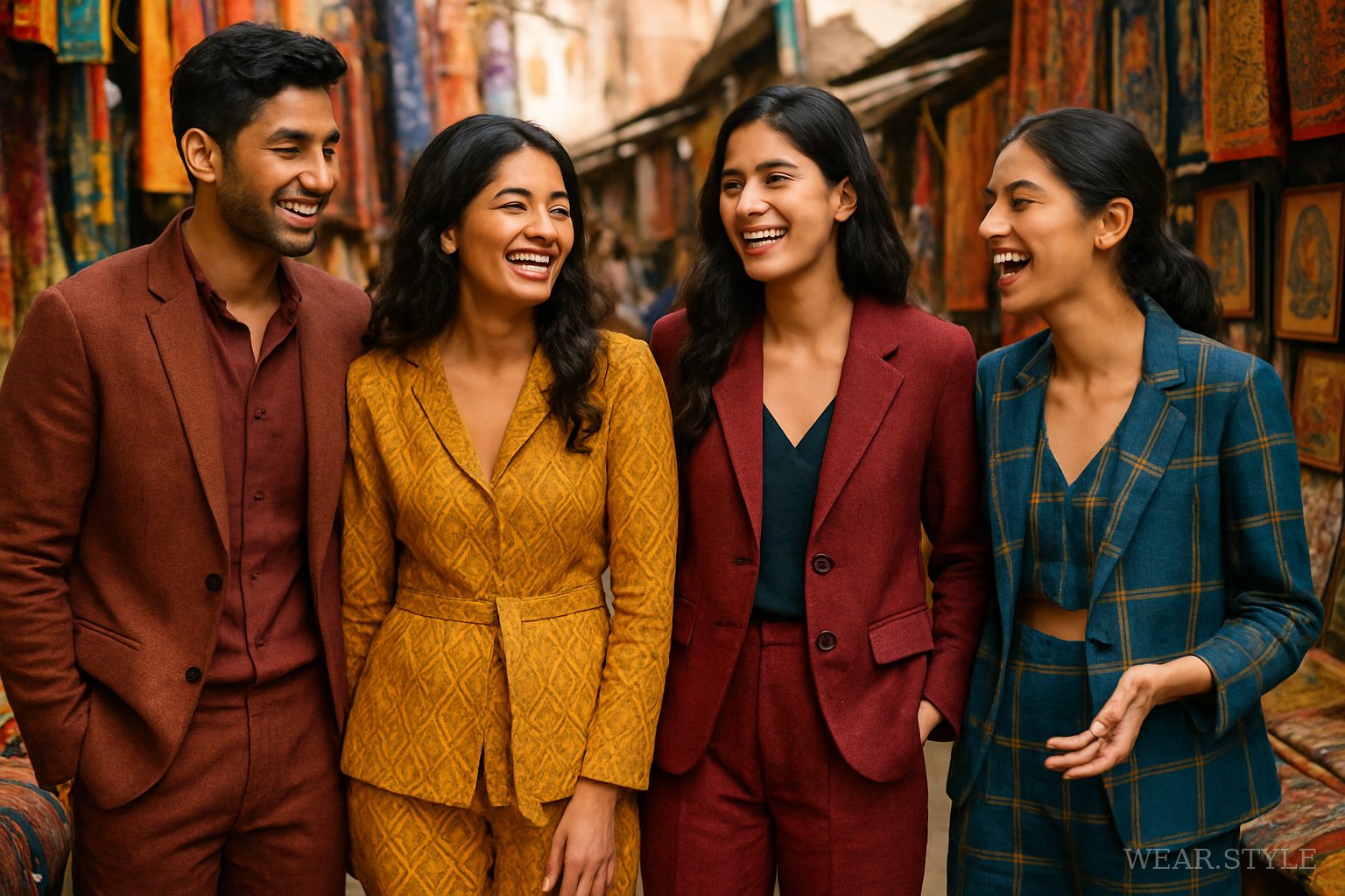 Diverse group of Indian models in modern handloom fashion, lively street market setting.