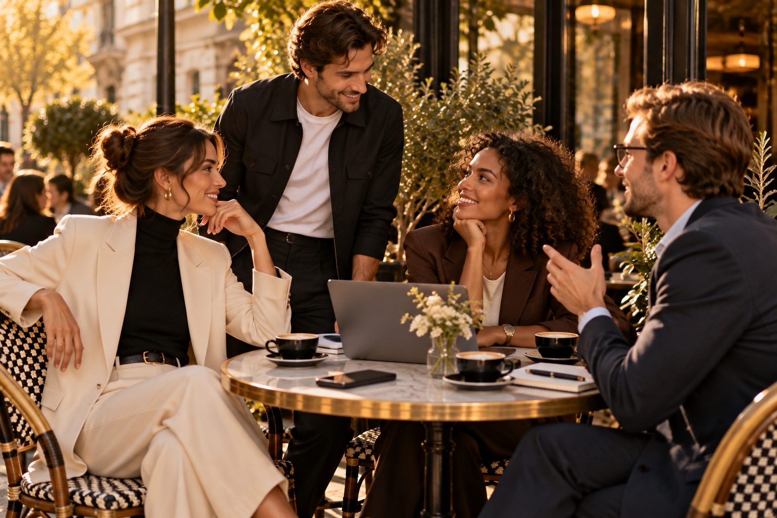Diverse group of professionals in stylish workwear enjoying conversation in café.