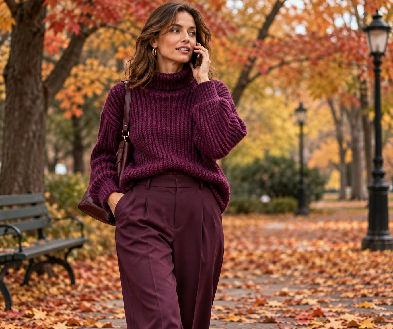 Model in chunky knit sweater and tailored trousers walking in an autumn park.