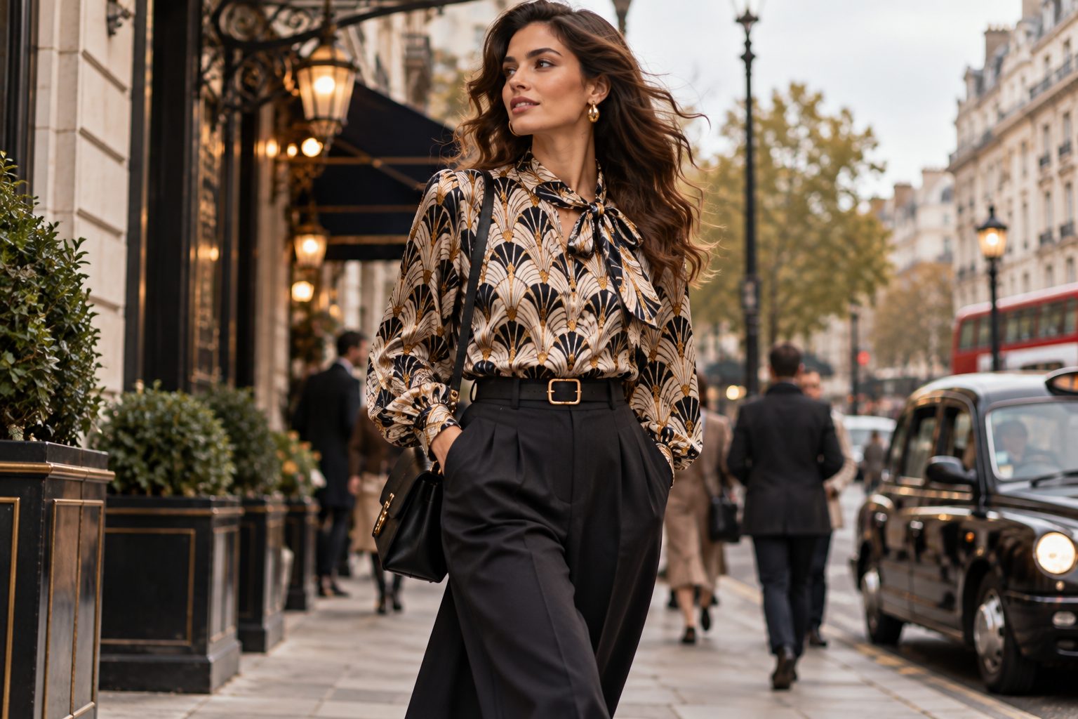 A model in an Art Deco blouse walking down a busy street.