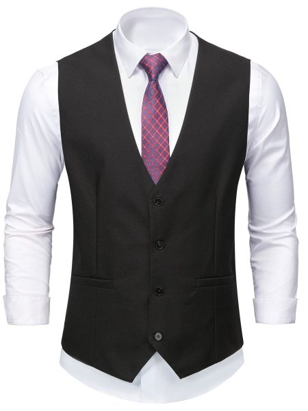 Black Solid Single Breasted Button Front V-Neck Waistcoat