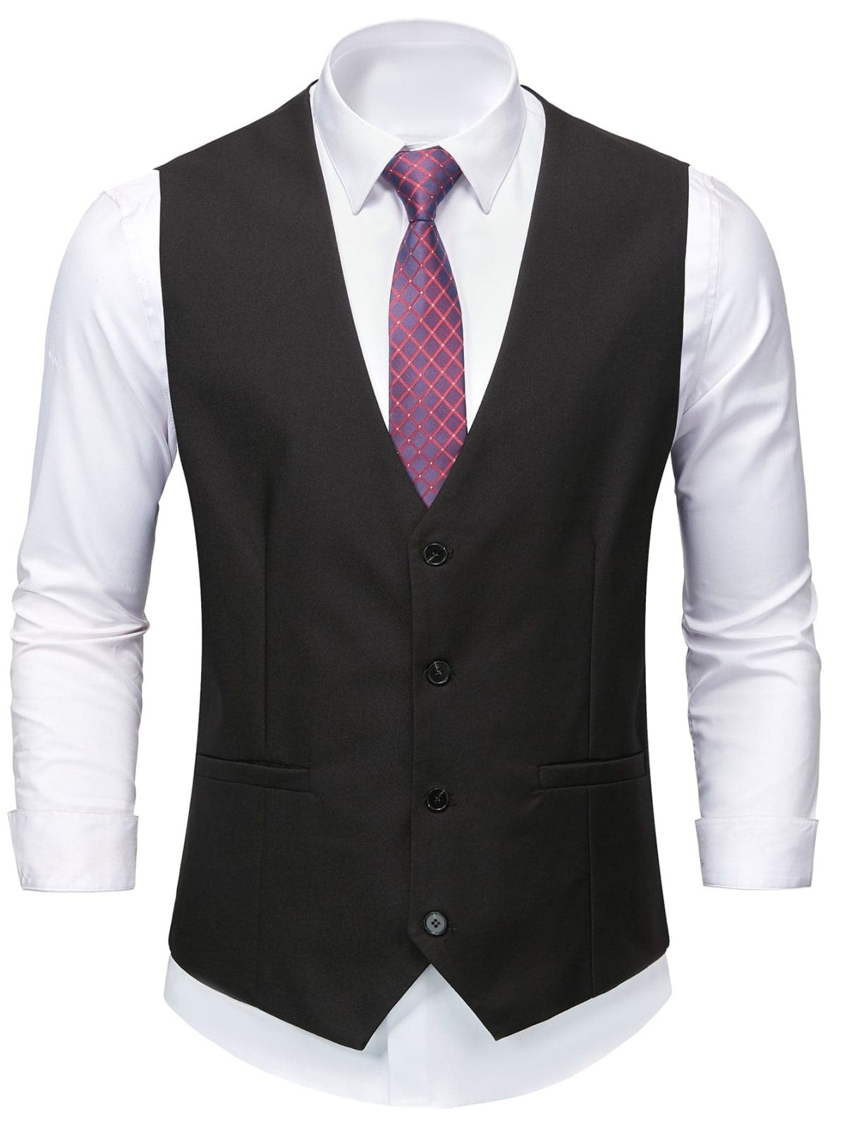 Black Solid Single Breasted Button Front V-Neck Waistcoat
