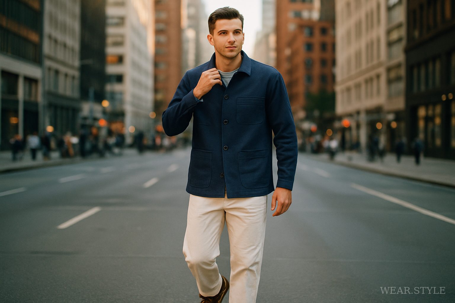 Stylish South Asian man in olive chore coat and plaid trousers in golden hour light.
