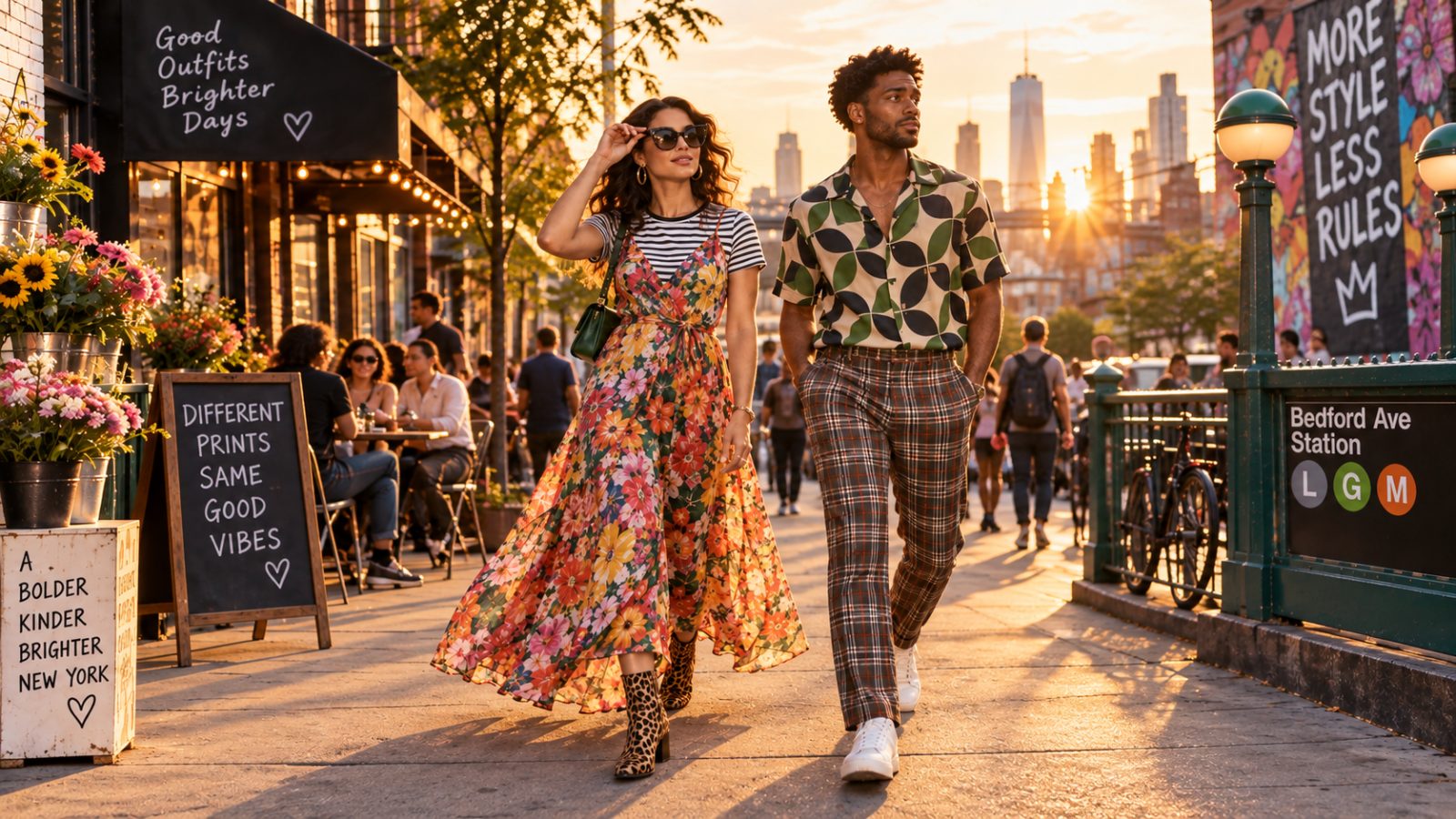 Models showcasing bold mixed prints in a vibrant urban setting during golden hour.