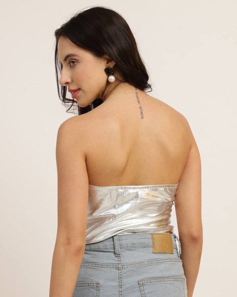 Party Strapless Mock Wrap Pleated Shimmer Fitted Tube Top