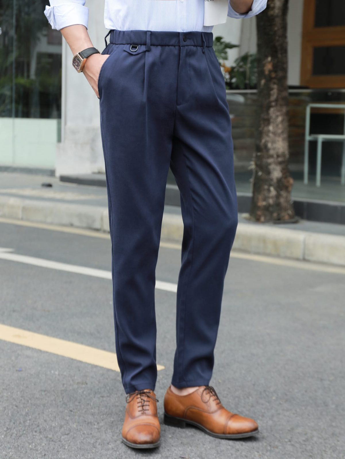 Navy Blue Key-holder Detail Slant Pocket Tailored Pants
