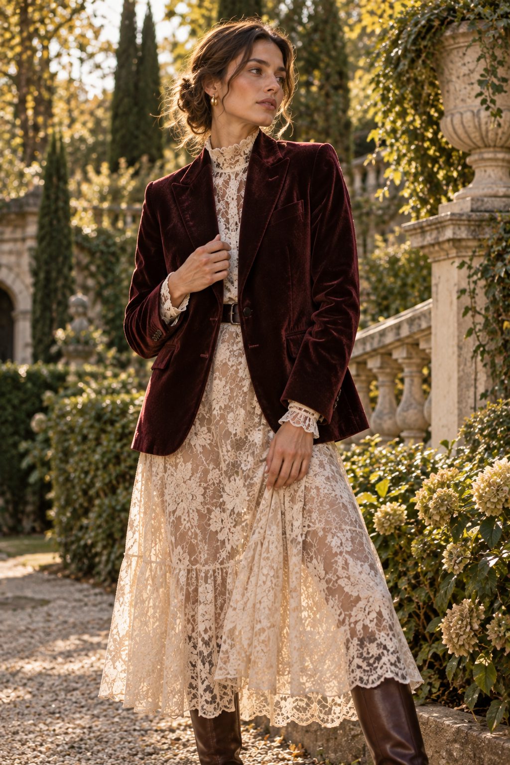 Model in lace and velvet layers in garden, late afternoon light, serene expression
