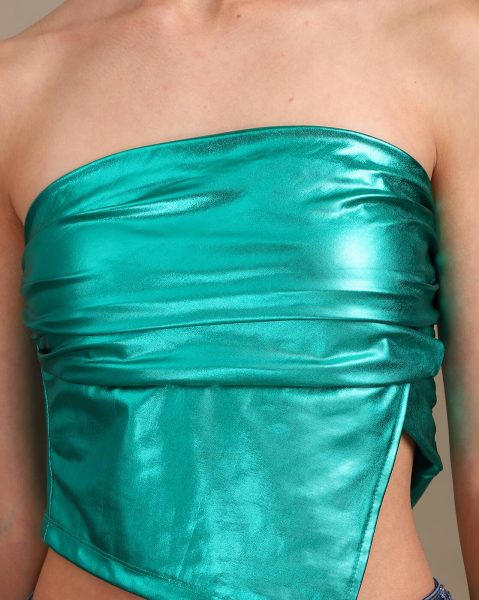 Party Strapless Mock Wrap Pleated Shimmer Fitted Tube Top