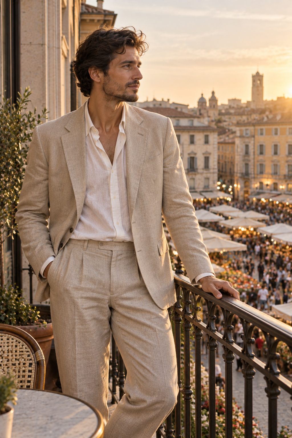 Man in beige linen suit on balcony overlooking market