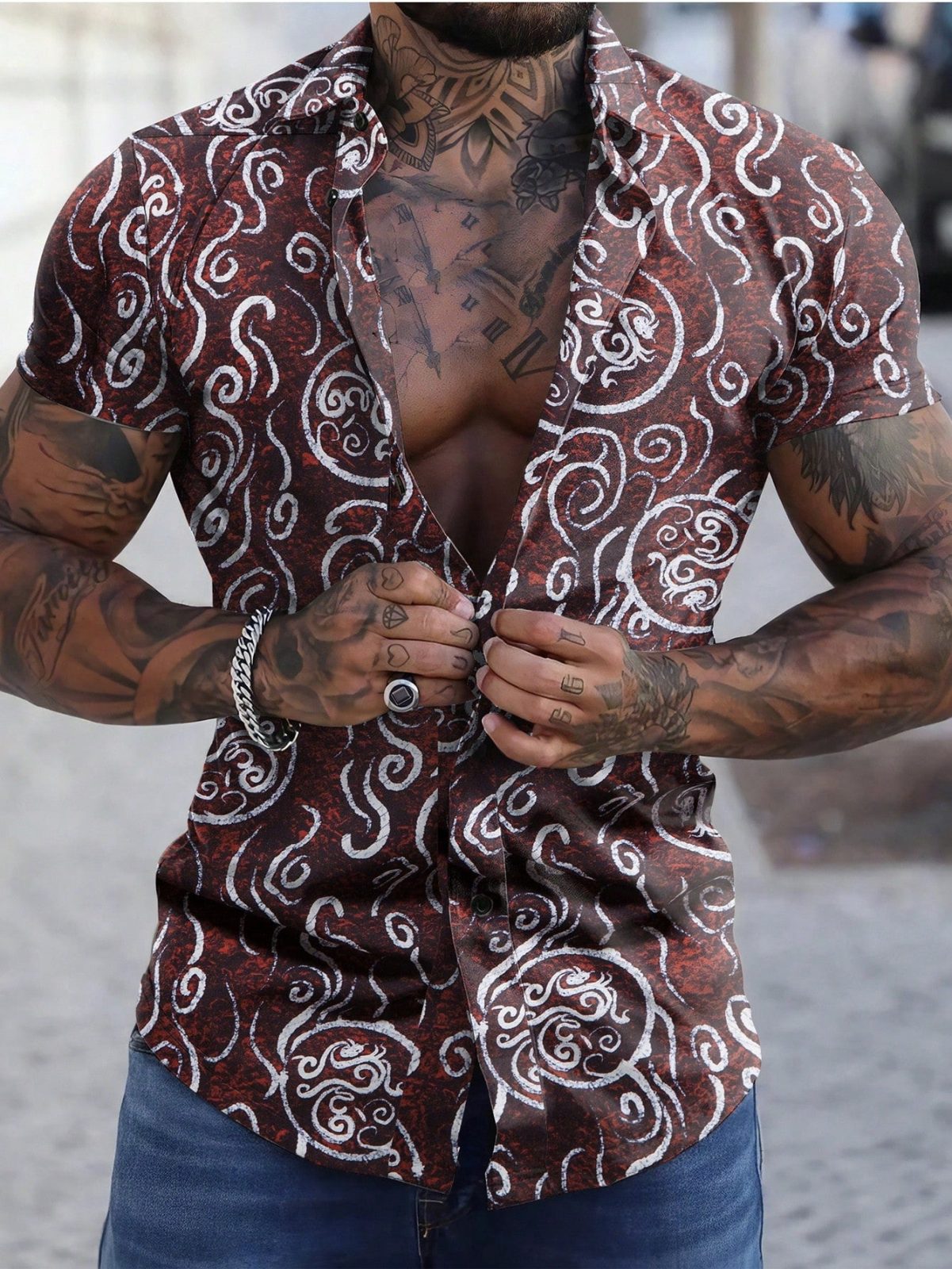 Burgundy Allover Print Button Front Shirt