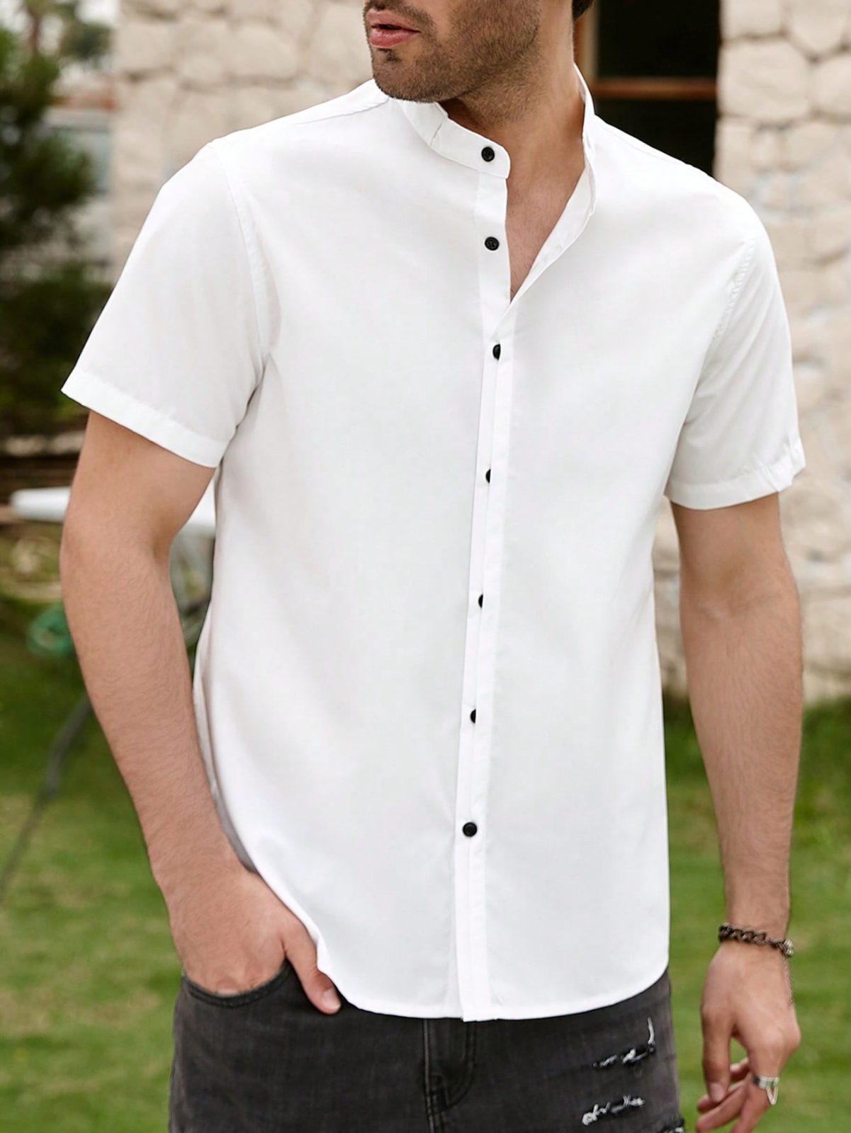 White Button Front Stand Collar Shirt