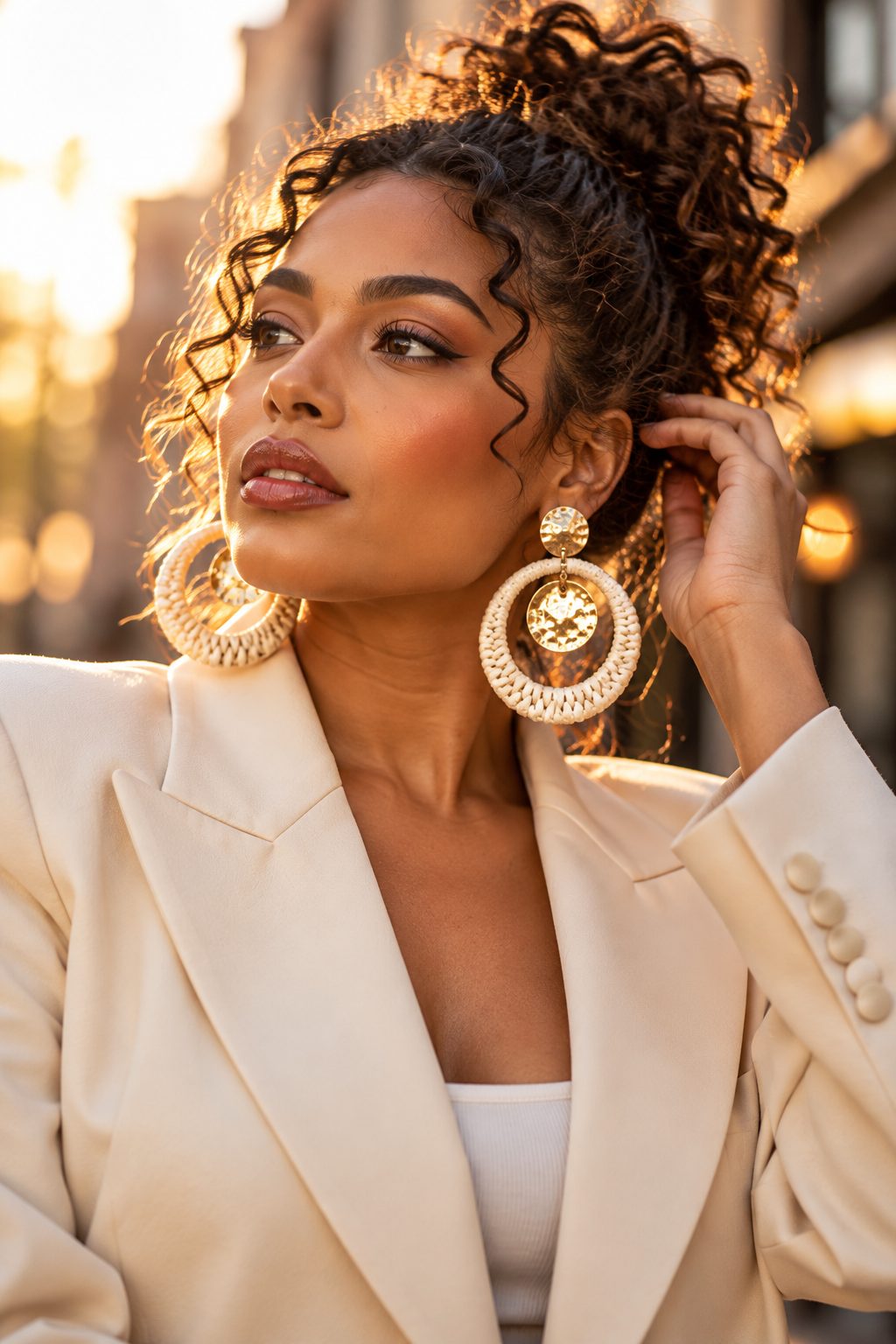 Close-up of a woman adjusting her hair, showcasing bold earrings and stylish blazer.