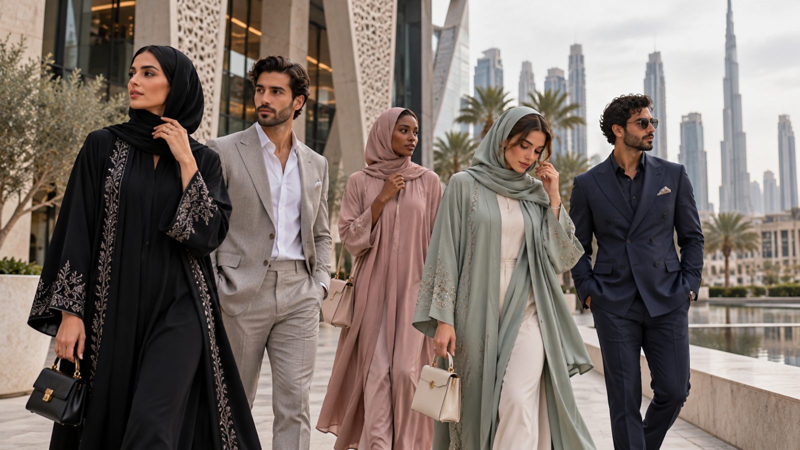 Models in modern abayas and tailored suits in an urban setting.